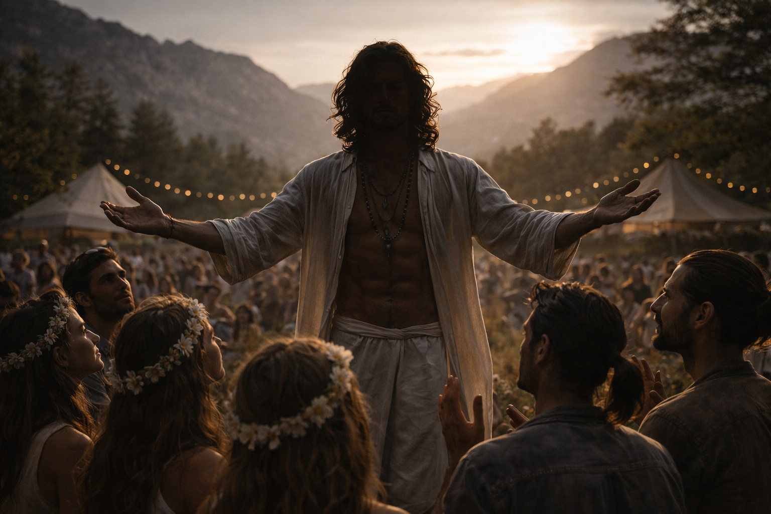 A charismatic cult leader in front of their followers